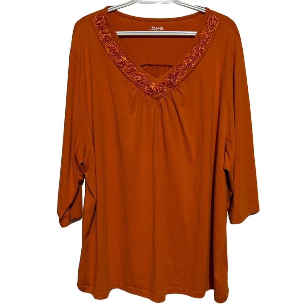 Liz & Me‎ Women's Orange Rose Embellished Neckline Quarter Sleeve Blouse Size 3X